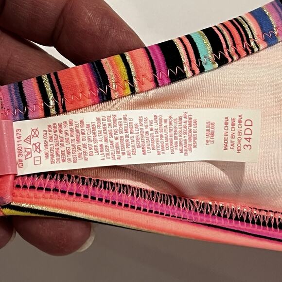 Victoria's Secret The Fabulous Push Up Bikini Top 34DD Pink Black Striped Halter - Picture 7 of 9